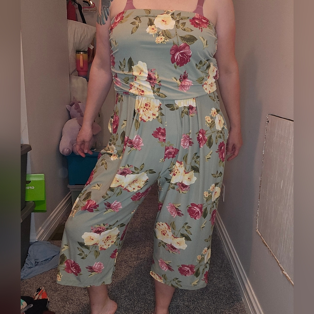 J for Justify Sage Green Floral Strapless Jumpsuit with Pink & Cream Flowers